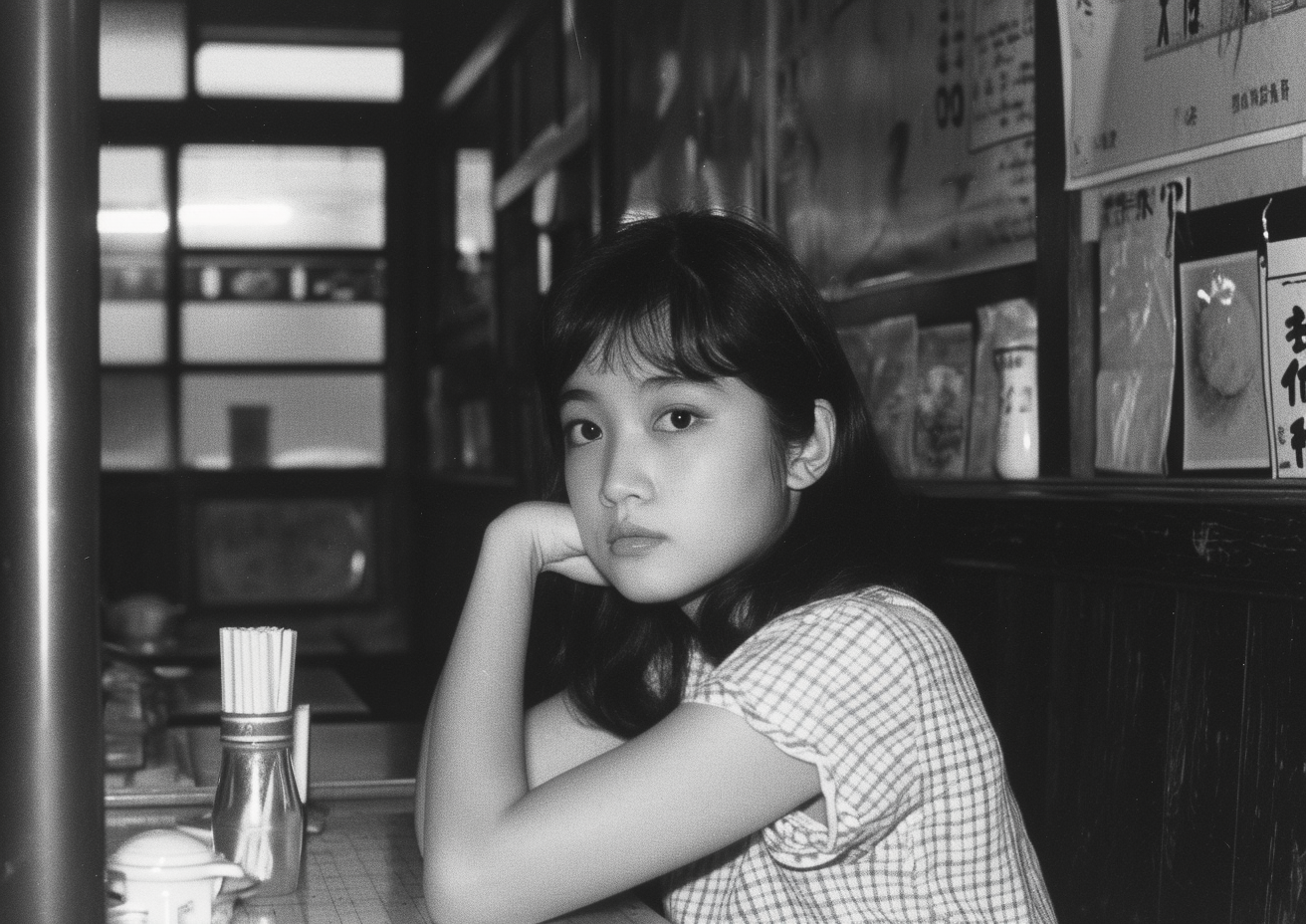 Japanese tween model girl at old restaurant