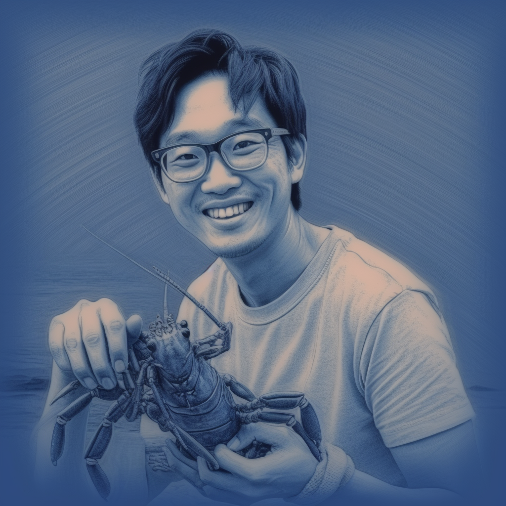 Japanese uncle holding Australian lobster with smile