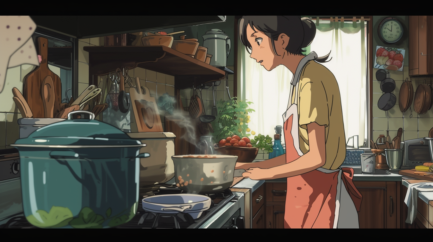 Japanese mother in the kitchen talking