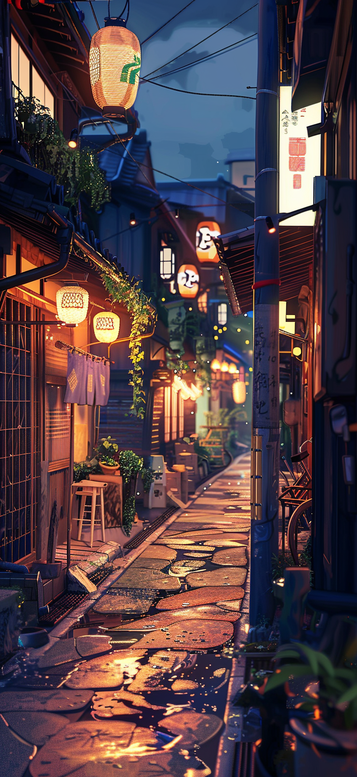 Japanese village alley night lights