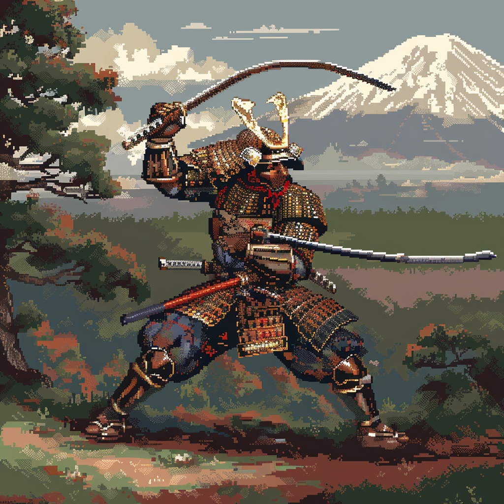 Pixelated Japanese Warrior with Sword and Shield