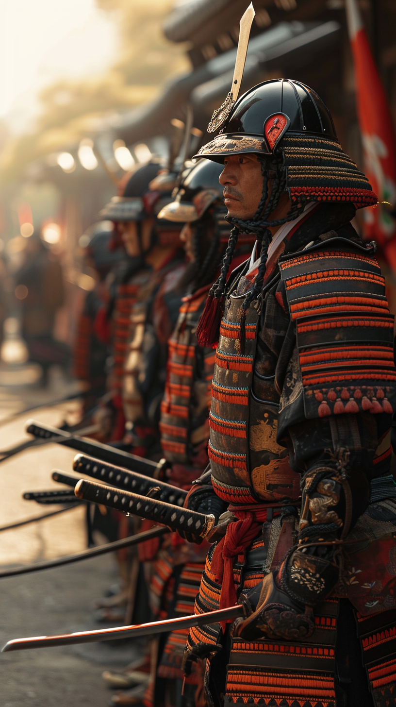 Japanese warriors in traditional armor and weapons