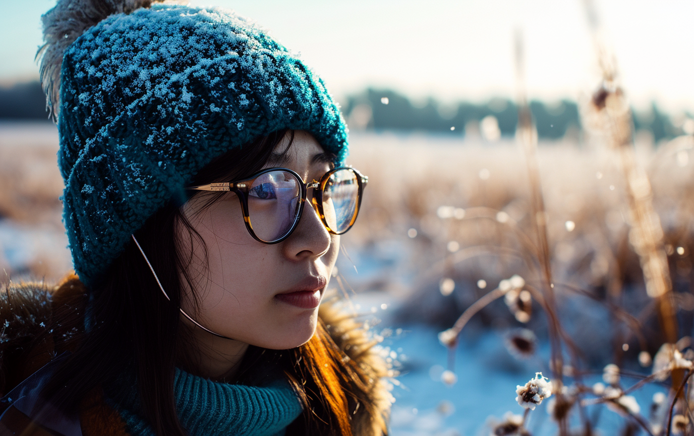 Japanese woman in blue knit hat and glasses in snow