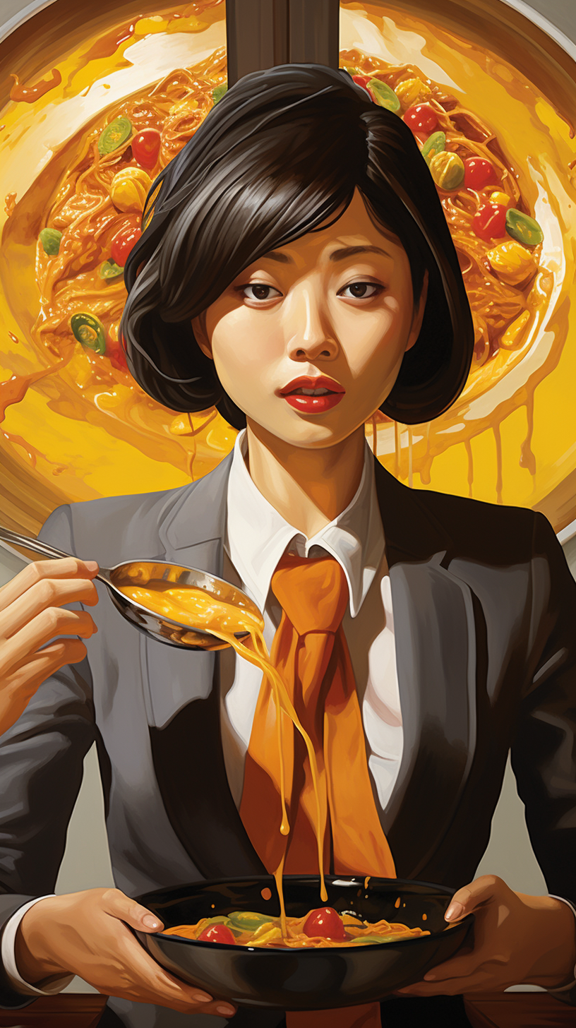 Japanese woman in business suit with curry sauce