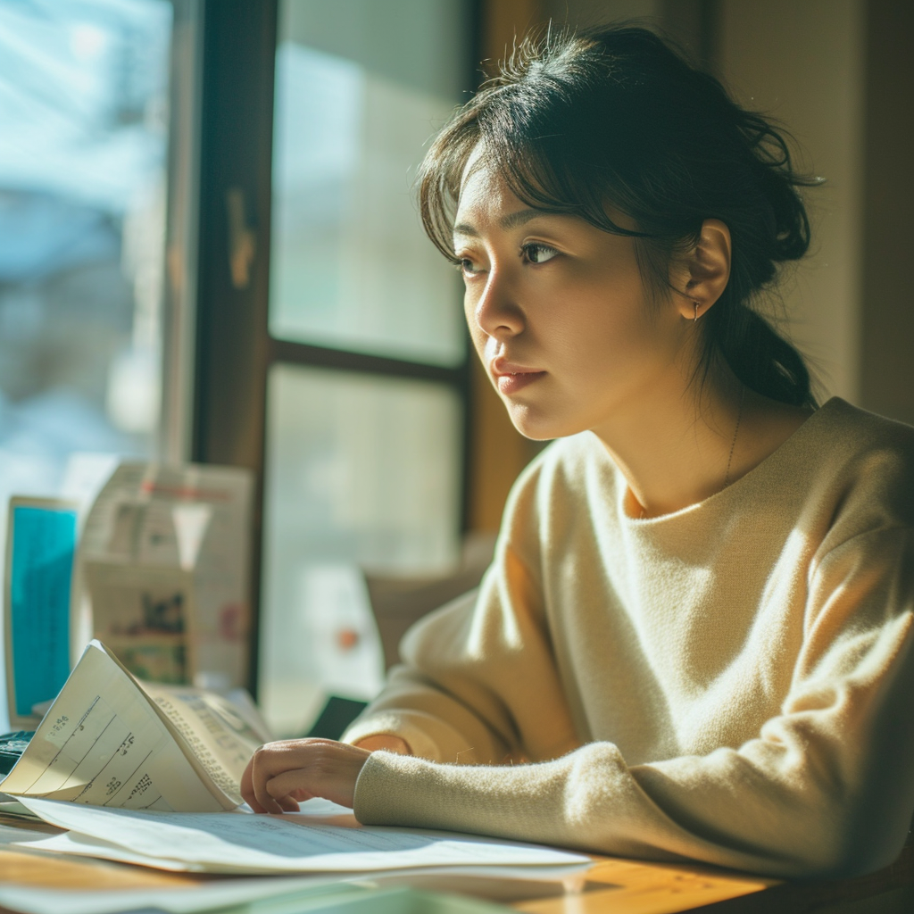 Japanese woman thinking about finances