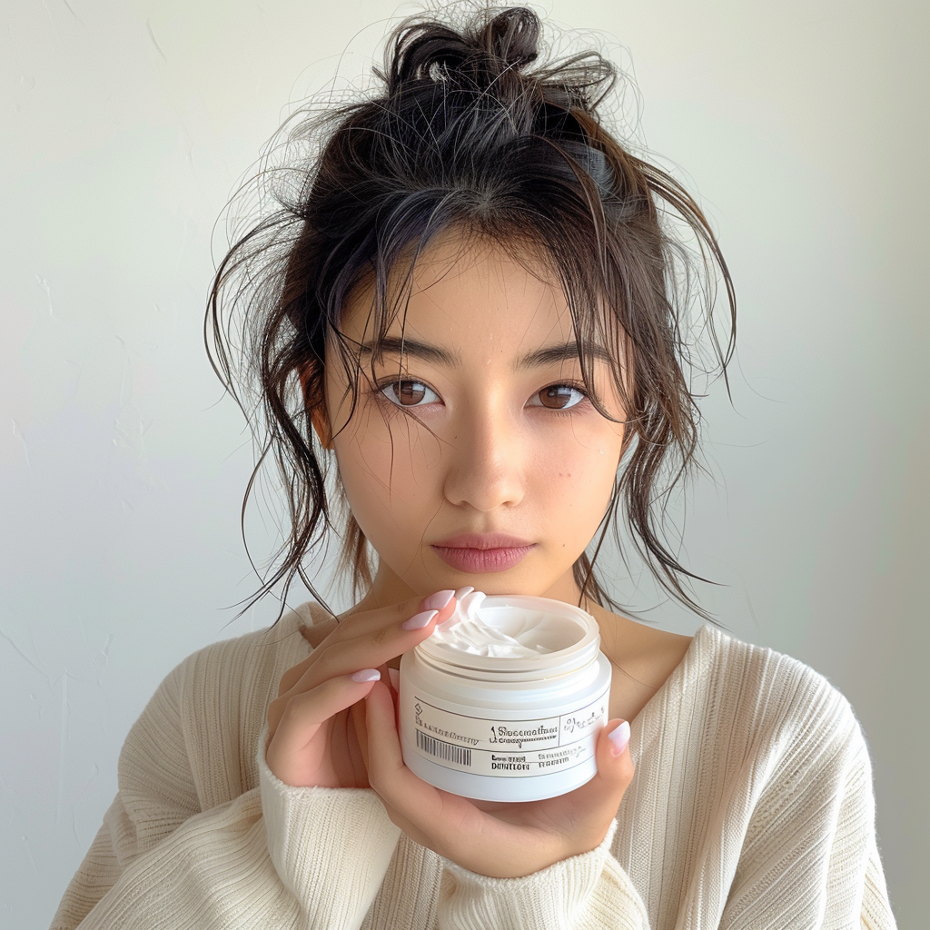 Japanese woman holding cream container