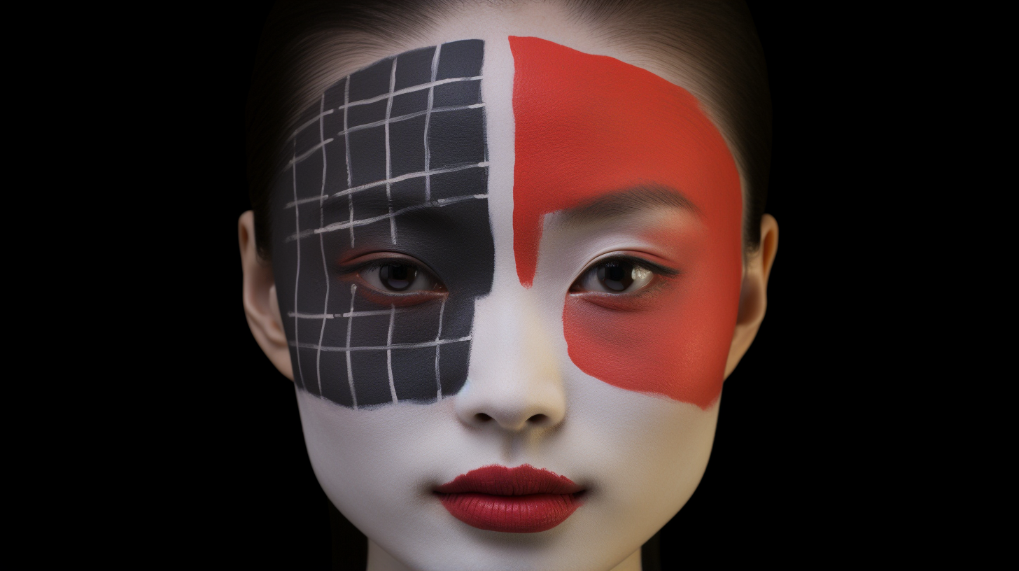 Japanese woman with divided face in black and white