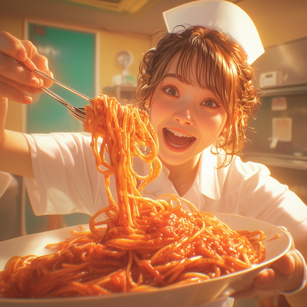 smiling Japanese nurse eating spaghetti