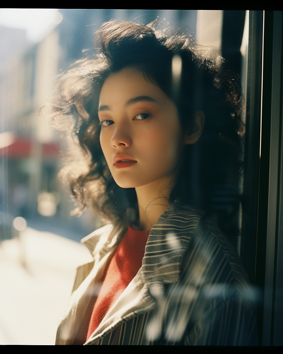 Young Japanese woman in fashionable clothing on morning street