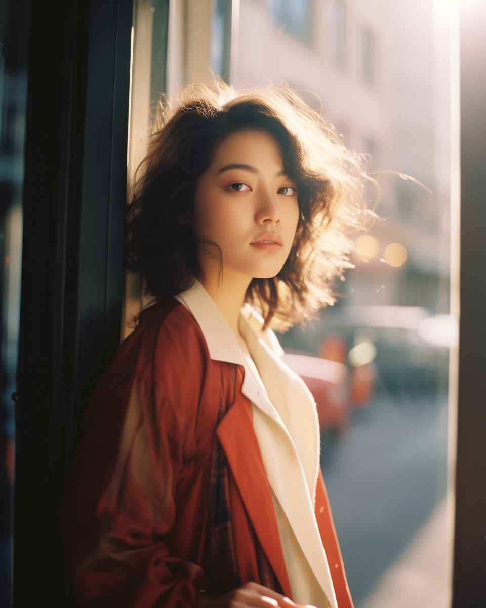 Japanese woman in fashionable clothing walking in morning sunlight