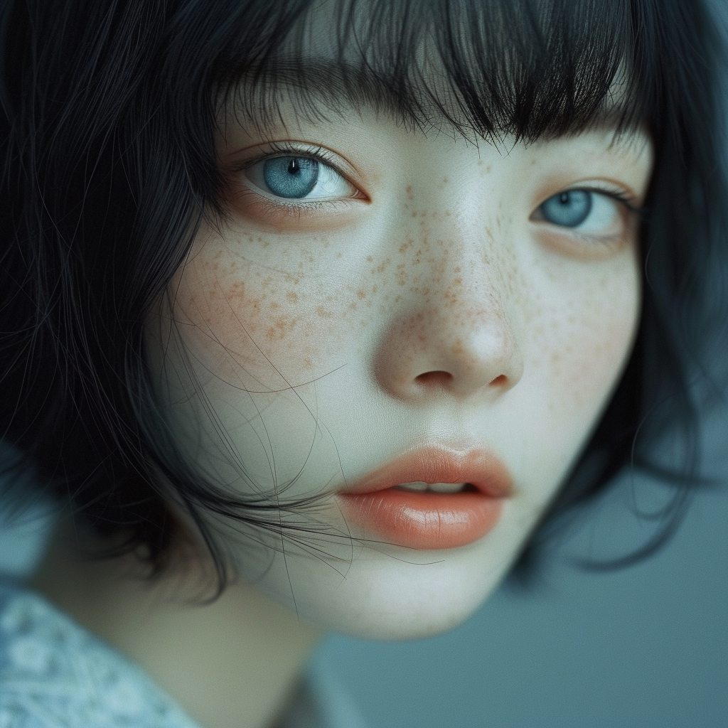 Japanese woman with pale skin and blue eyes