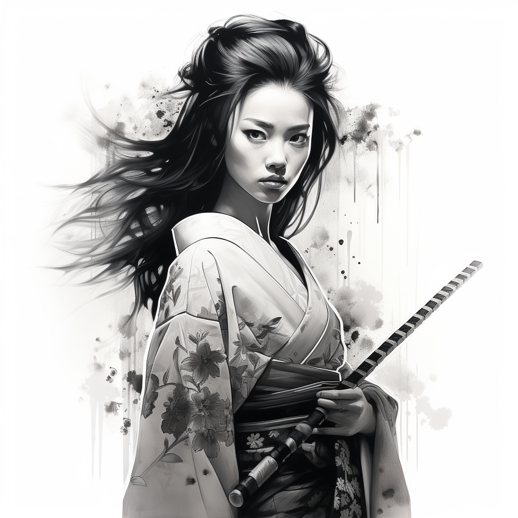 Japanese woman geisha holding a black and white katana