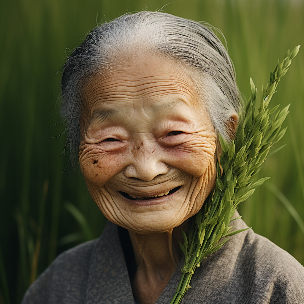 Smiling old Japanese woman with grassy eyebrows