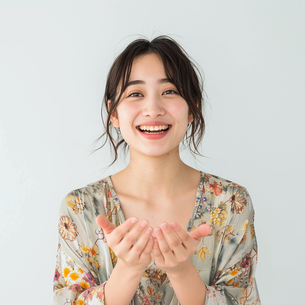 Happy Japanese Woman Holding Invisible Object