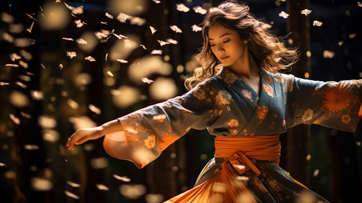 Japanese woman kimono dancing fireflies