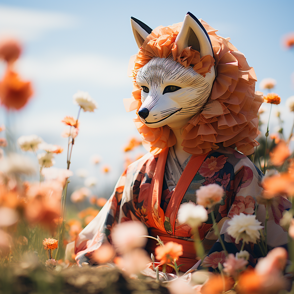 Japanese woman in kimono with fox mask in field of flowers