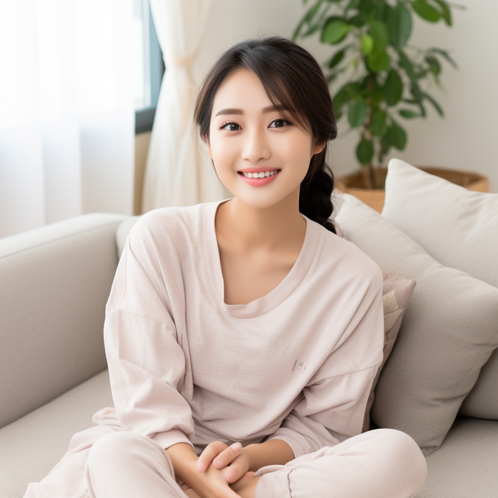 Japanese woman in cute loungewear smiling on sofa