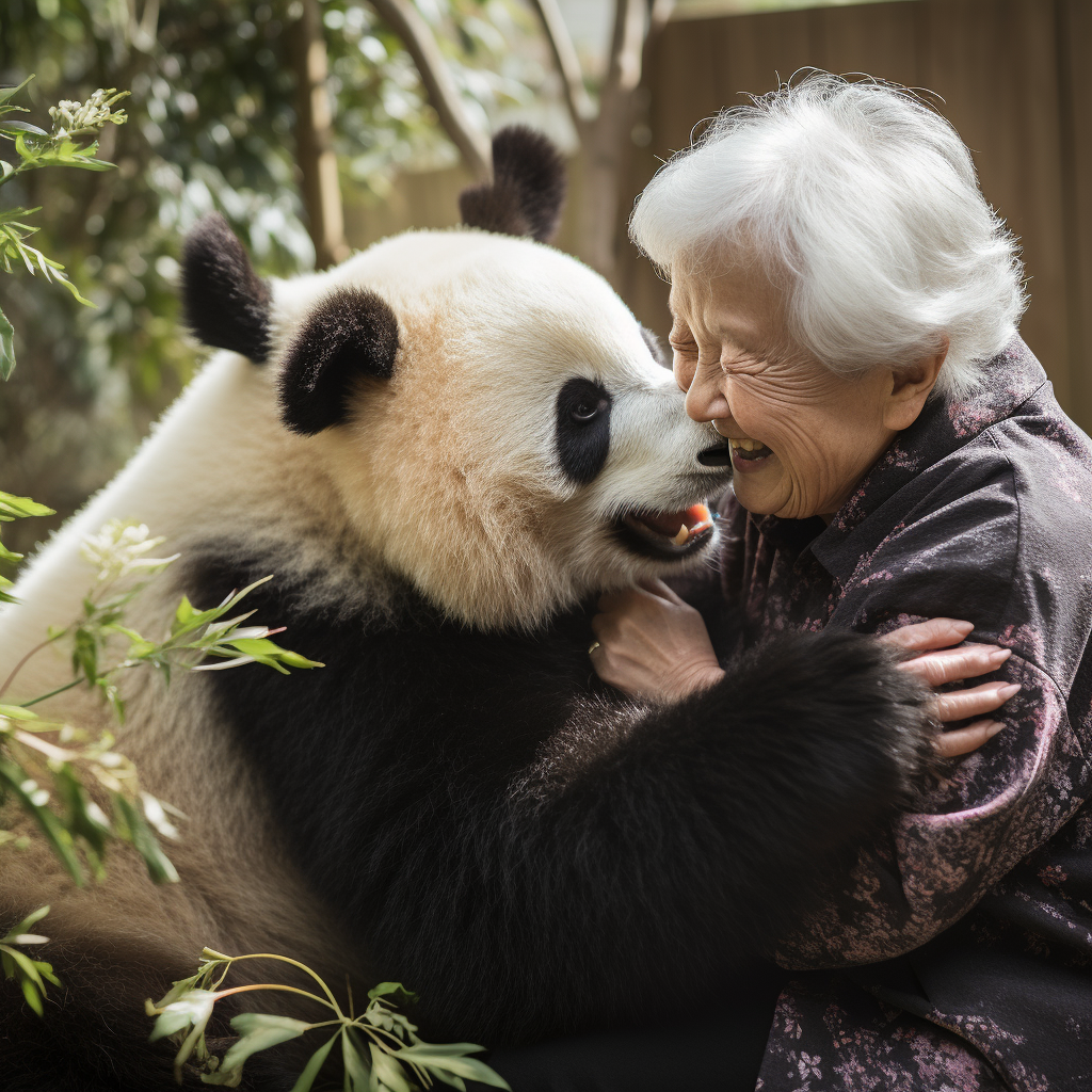 Happy Japanese woman headlocking panda with a smile