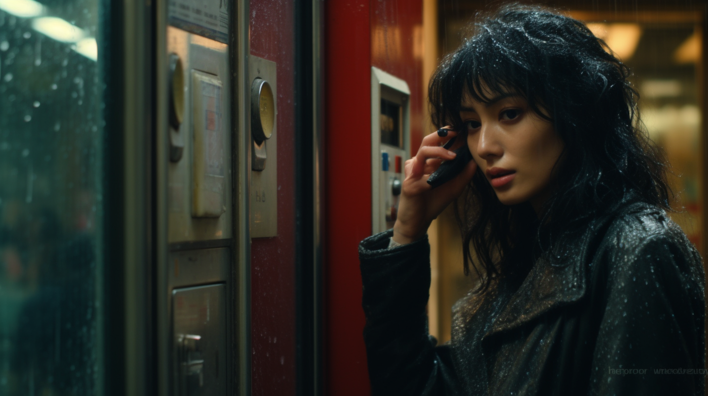 Japanese woman talking on payphone in Paris rain