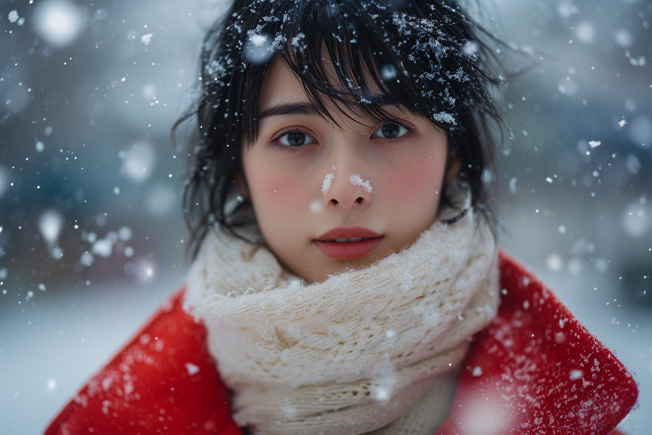 Japanese woman in red coat and white scarf in snowstorm