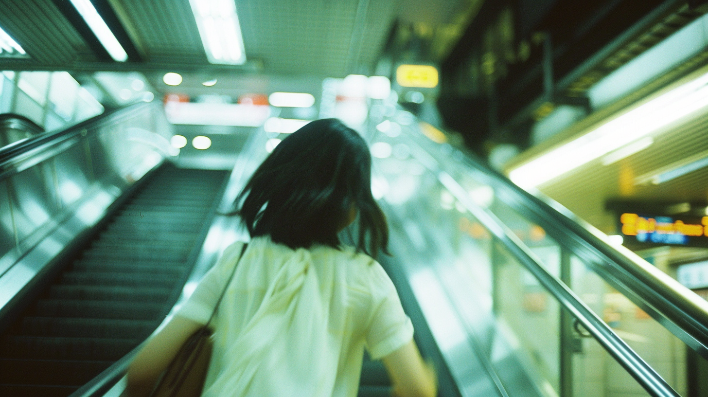 Japanese woman running up escalator