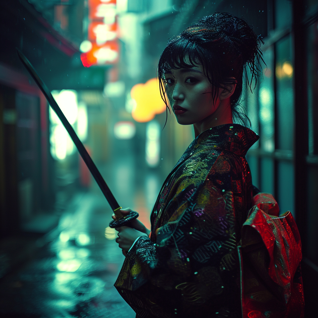 Japanese woman samurai in futuristic Tokyo