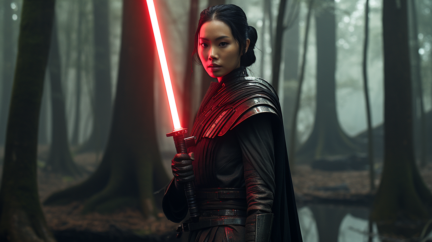 Japanese woman Sith Lord with red lightsaber in forest