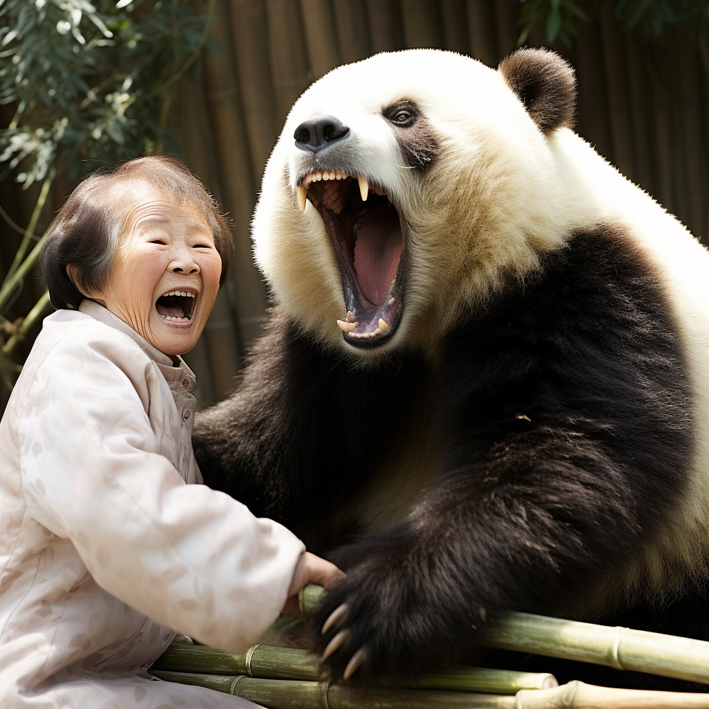 Smiling Japanese Woman Fighting Panda