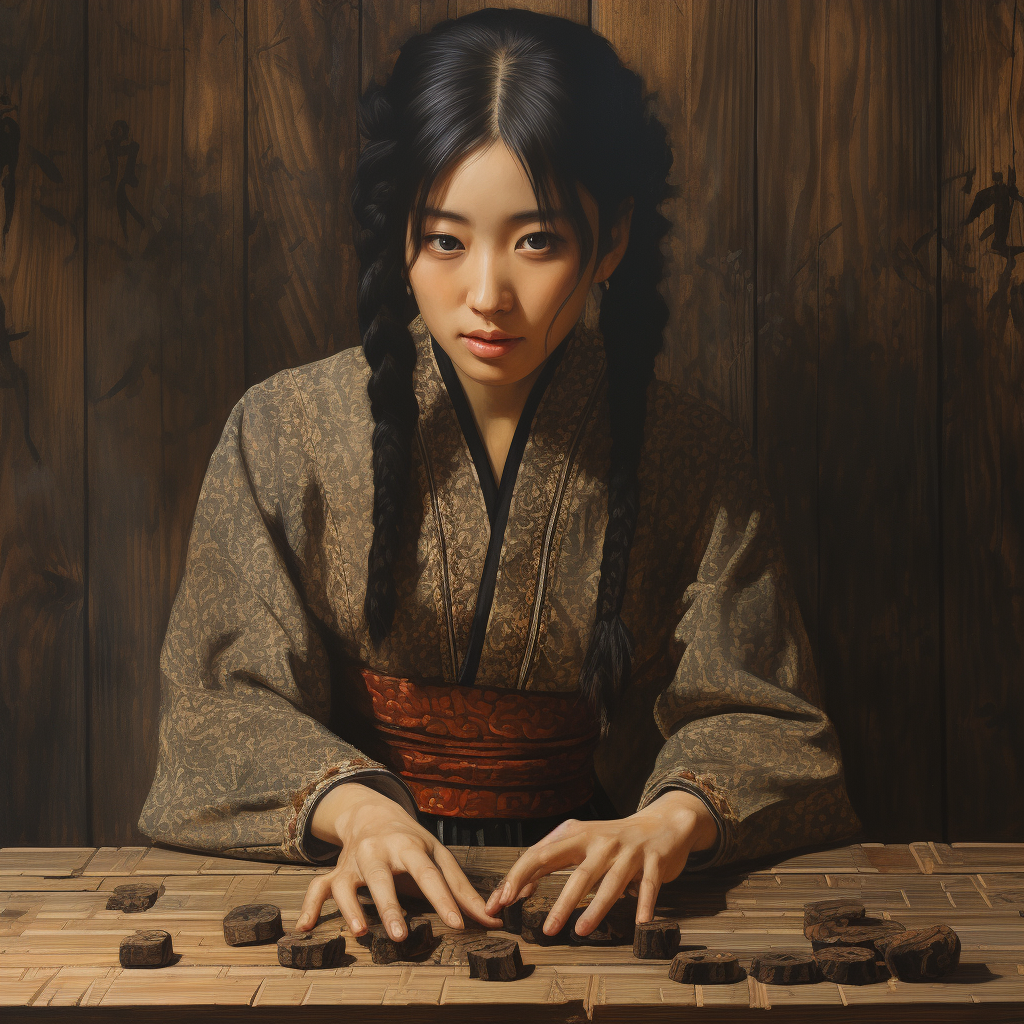 Japanese woman touching wood texture