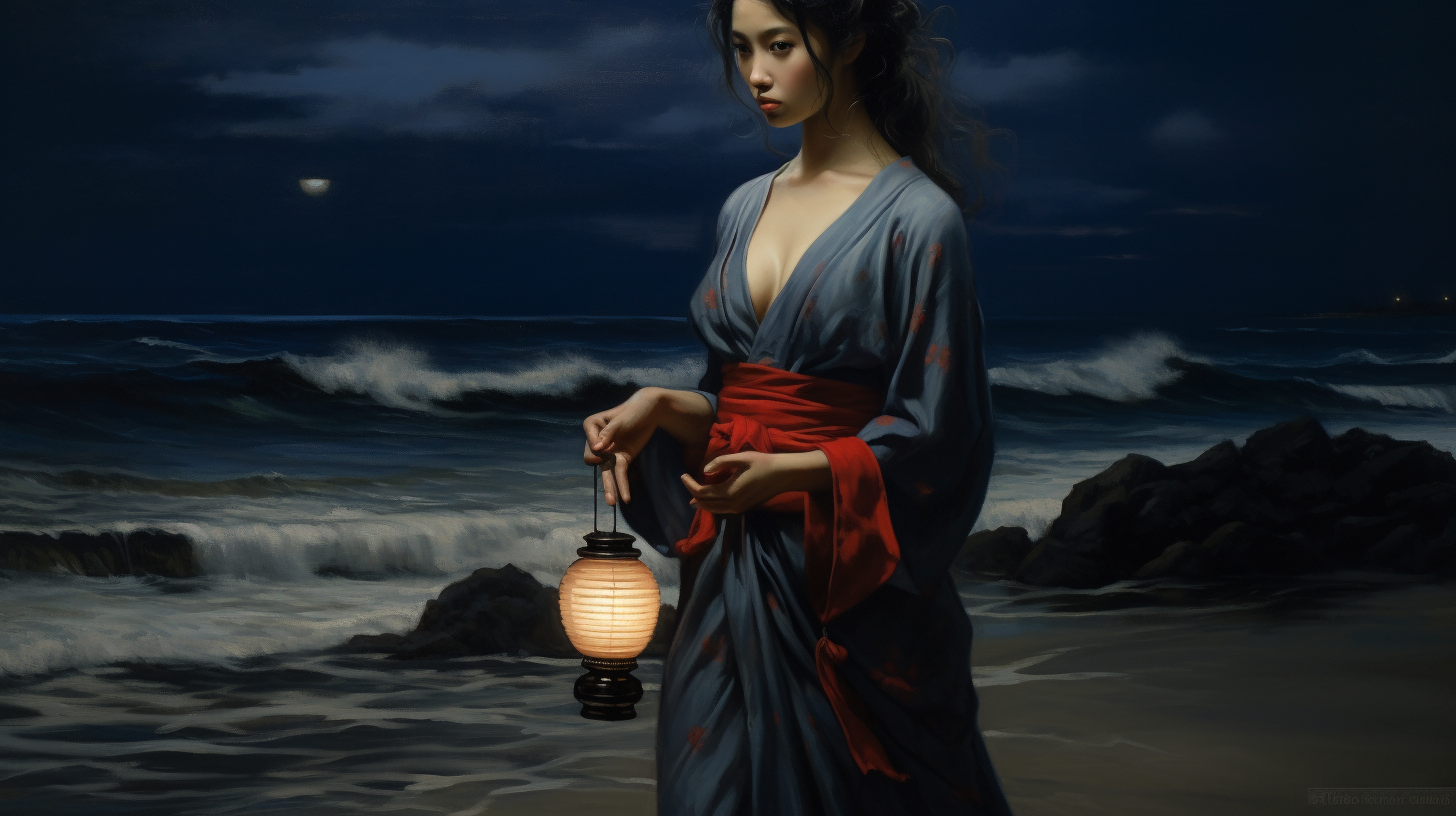 Beautiful Japanese woman staring at ocean with lantern