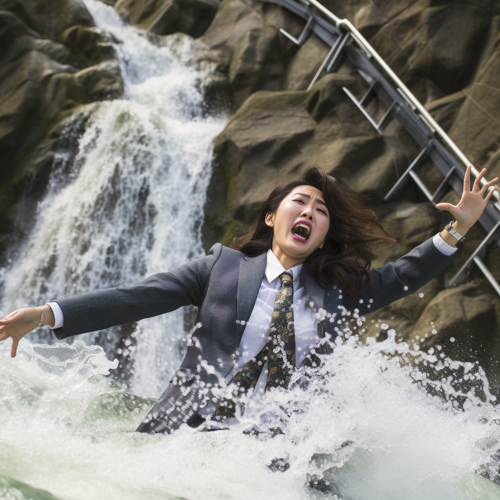 Japanese woman hit by waterfall in business suit