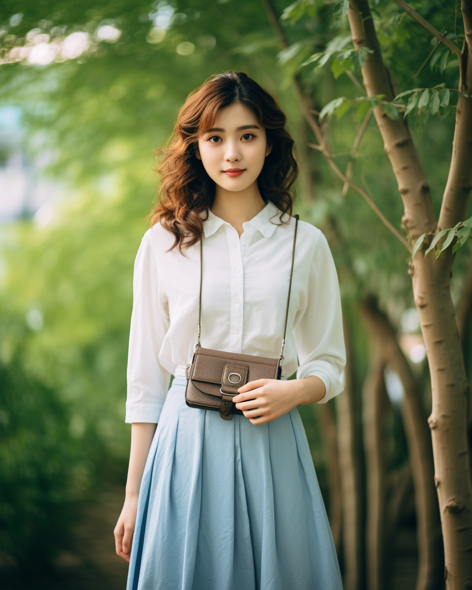 Japanese woman with stylish outfit and small pouch