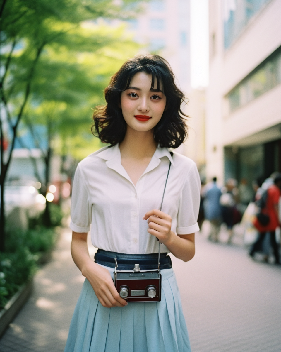 Beautiful Japanese Woman in White Blouse and Light Blue Skirt