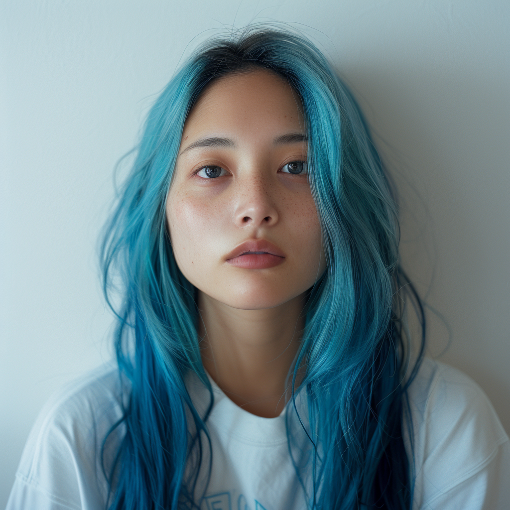 Japanese women with blue hair smiling