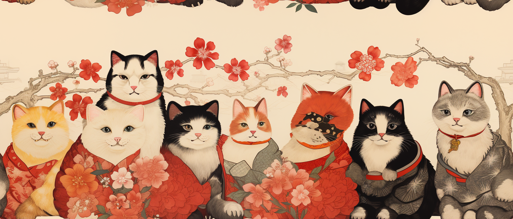 Colorful cats in Japanese woodblock print