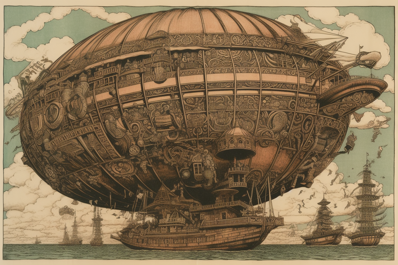 Steampunk Airship in Japanese Woodblock Print