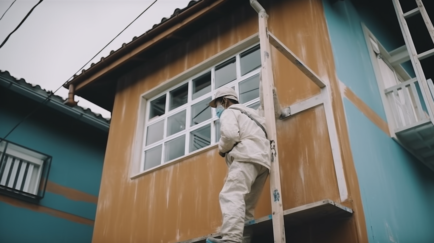 Japanese worker painting house exterior