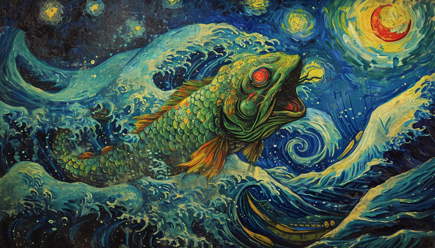 Oil painting of Japanese Yokai Kappa in Starry Night