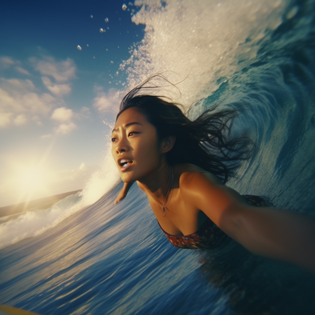 Japanese young girl surfing the sea