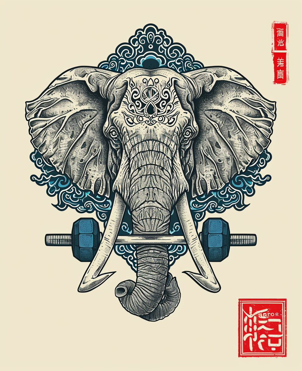 Japanese-American Elephant Tattoo with Dumbbells