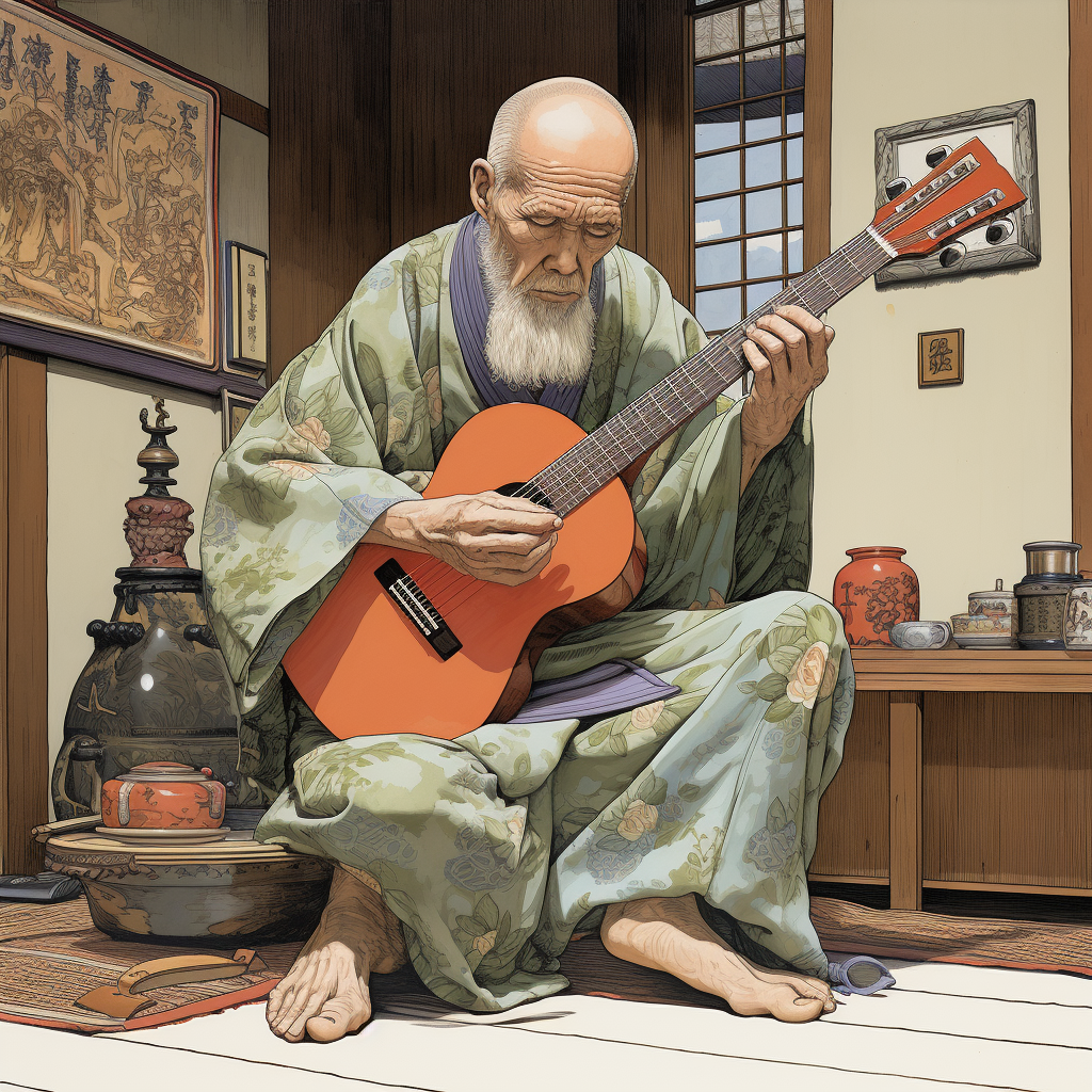 Elderly man playing electric guitar in Japanese room