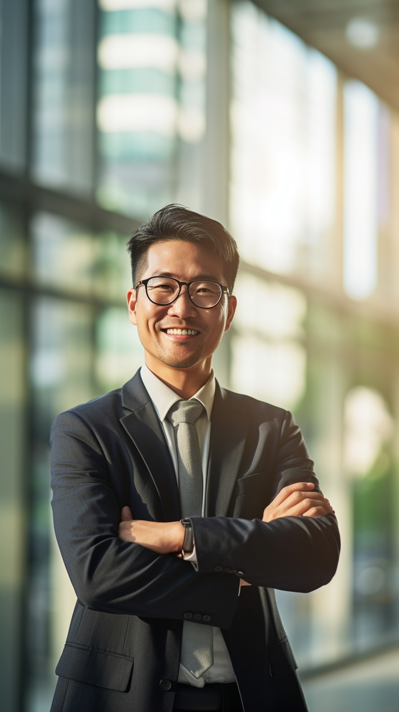 Japanese businessman smiling at office entrance