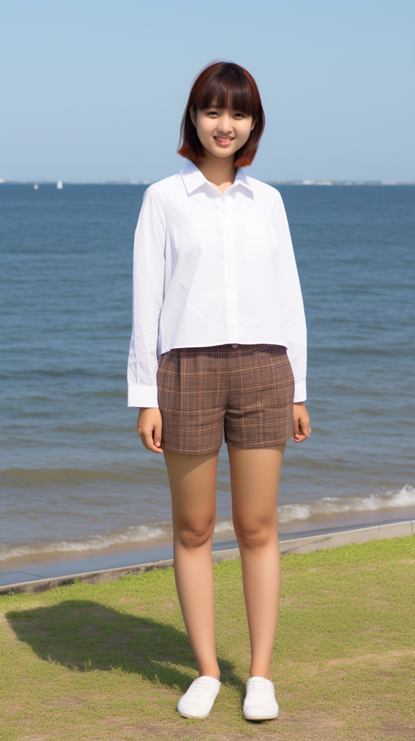 Japanese College Student Girl with Checker Shirt and Funny Pose