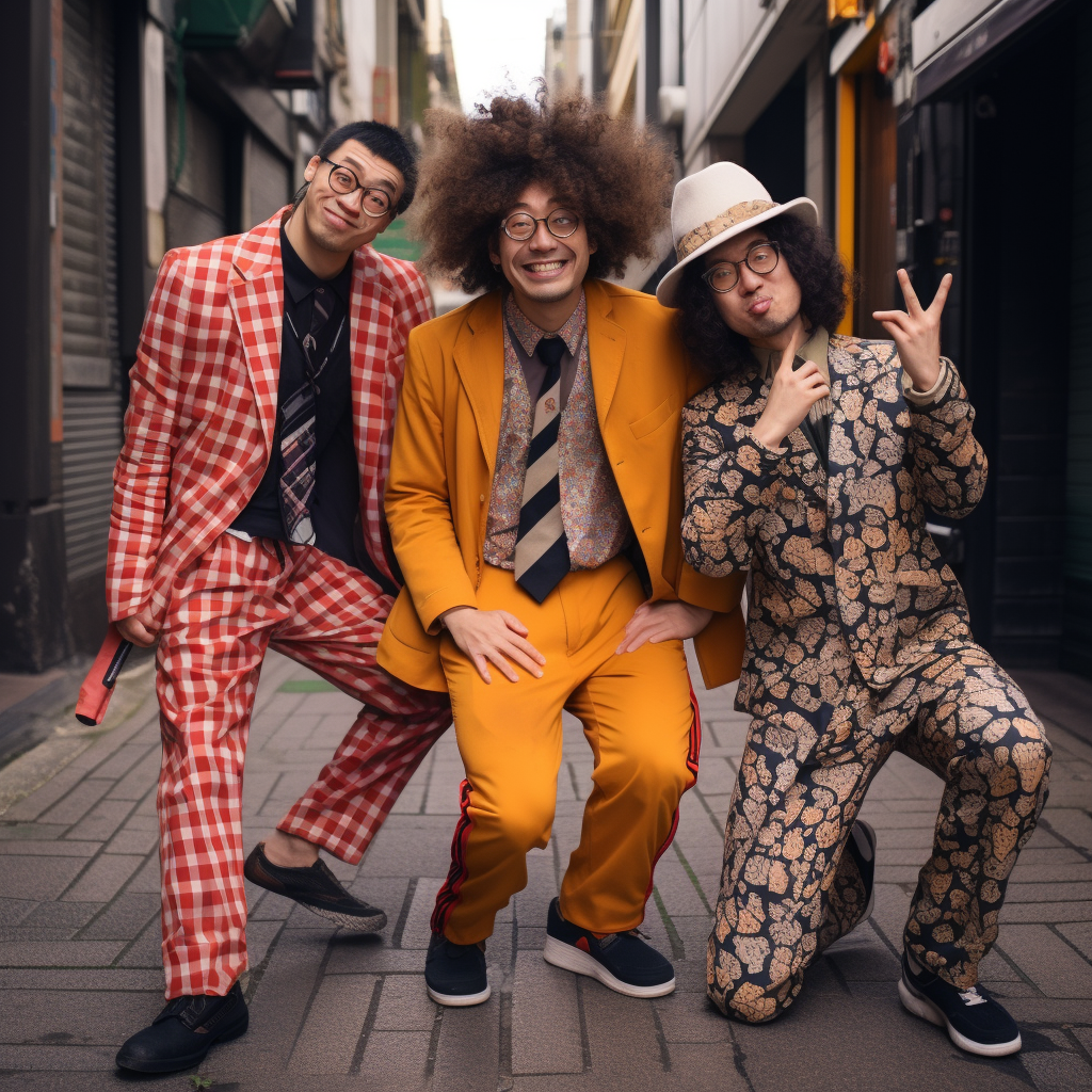 Japanese curly hair trio comedian in weird clothes