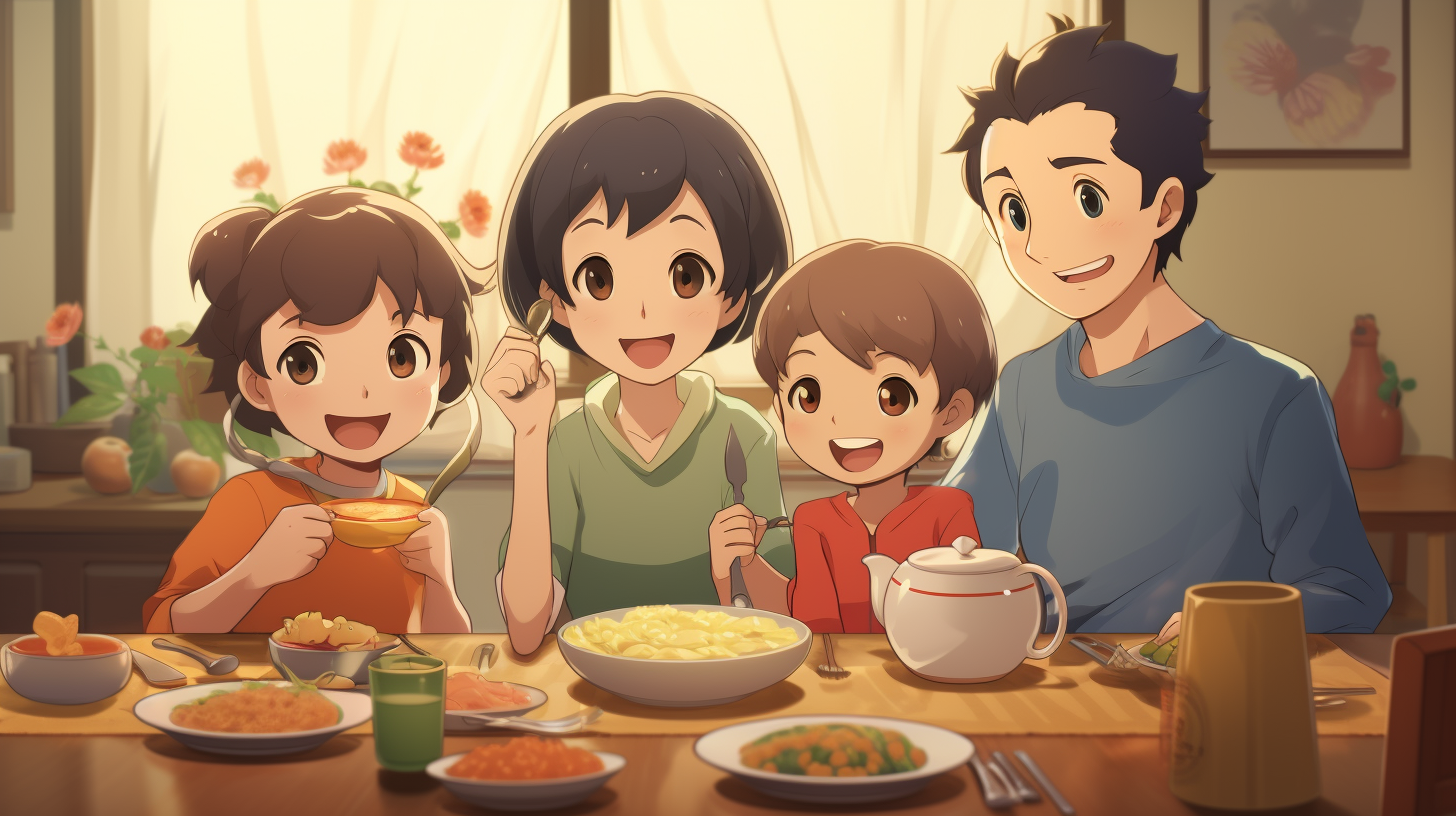 Japanese Family Breakfast Scene with Smiling Boy Holding Egg