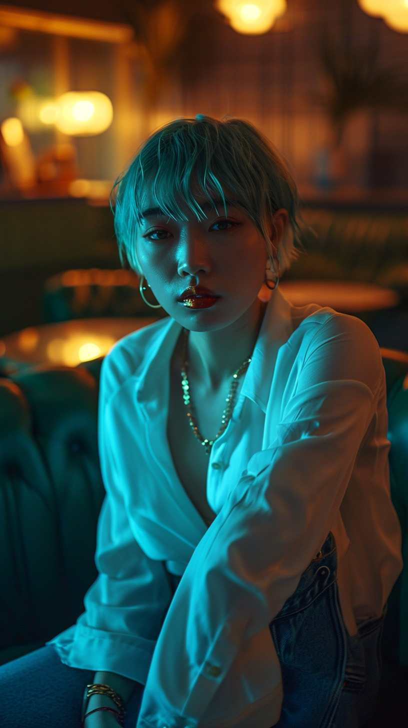 Japanese girl with defined muscles wearing blue jeans and a white blouse