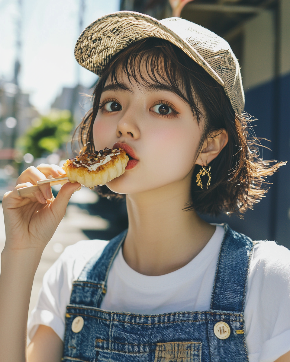 Japanese girl eating takoyaki outdoors