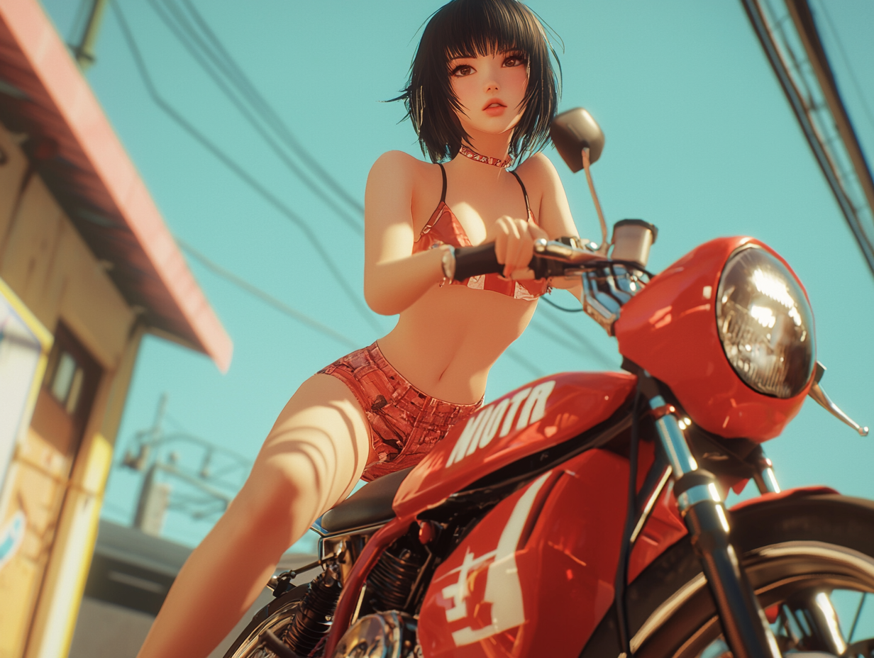 Japanese girl on motorbike in summer