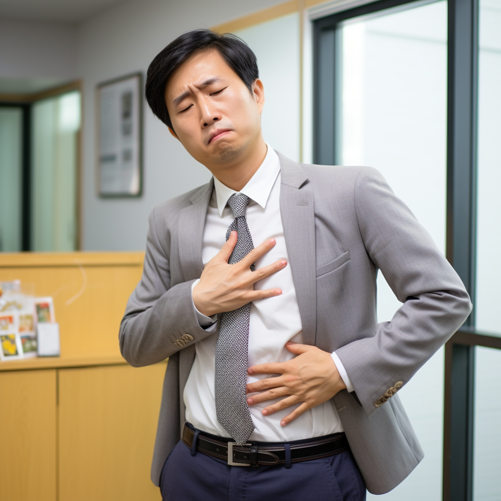 Frail-looking Japanese businessman holding his stomach