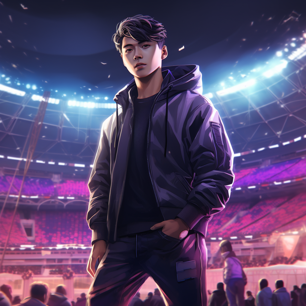 Japanese male in purple and pink sportswear on a futuristic soccer field